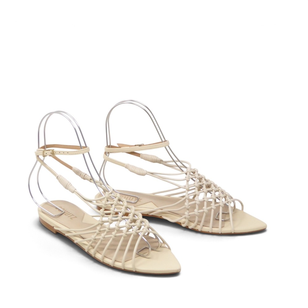 NEW Schutz Womens Tinah Woven Flats Sandals Cream Strappy Pointed Toe Flat 7B